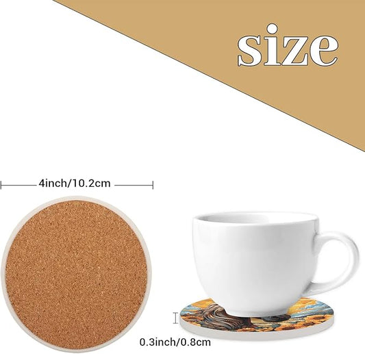 Round Coasters Set of 2, Manes Horse Sunflowers Sunshine Absorbent Ceramic Coaster with Cork Base, Bar Coasters for Drinks Coffee Mugs Tea Cups Wine Glasses Home Decor Gifts (4 inches)