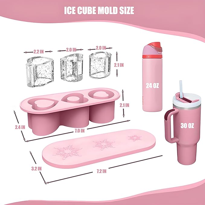 Valentine's Day Ice Cube Tray for Stanley Cup 20 30 40 OZ Heart Shape Silicone Ice Cube Tray with Lid, Stanley Cup Accessories Ice Mold for Owala Water Bottle Tumbler Ice Mold (20-30 OZ, Pink)