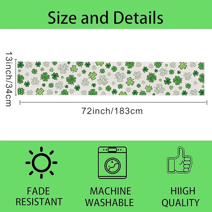 St. Patrick's Day Table Runner Decorations,Green Lucky Shamrock Linen Spring Table Runner Seasonal Holiday Kitchen Dining Table Decoration for Indoor Outdoor Home Party Decor 13 x 72 Inch