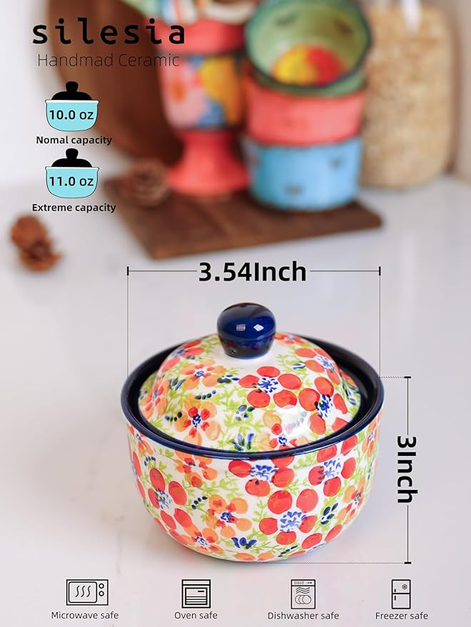 silesia Handmade Sugar Bowl with Lid and Spoon, 10 Ounce Ceramic Hand-Painted Sugar Jar for Kitchen in Gift Box, Kitchen Decor, Oven, Dishwasher & Microwave Safe, Jungle Floral