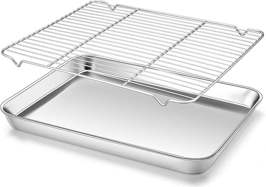 Homikit Baking Sheet with Wire Rack, 16" x 12" Stainless Steel Cookie Sheets for Baking, Thick Metal Baking Tray Jelly Roll Pan with Cooling Rack for Oven Roasting, Nonstick & Dishwasher Safe