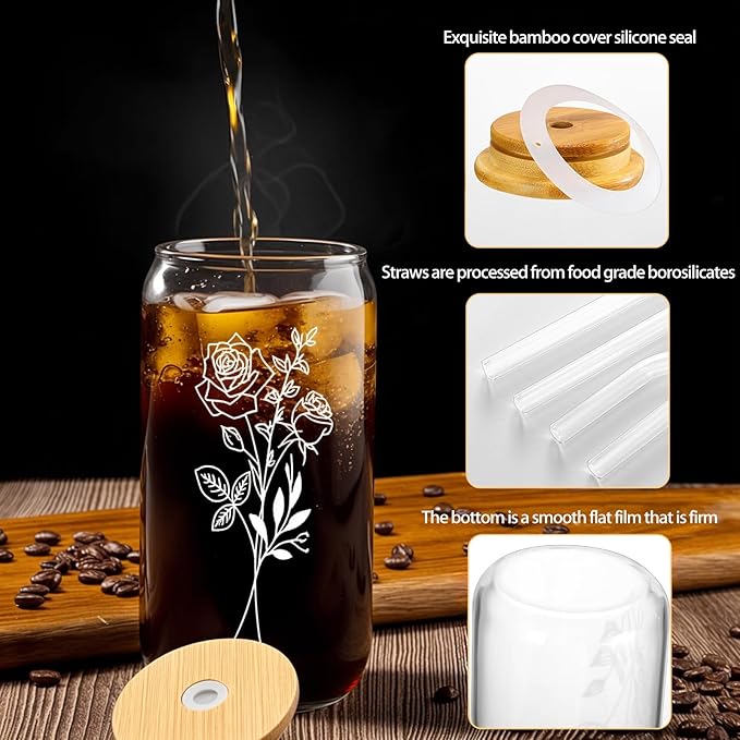 6 Pcs 16 Oz Gift for Women Cute Glass Cup, Can Shaped Drinking Glasses with Bamboo Lids and Glass Straws with Design, Aesthetic Flower Iced Coffee Mugs Tumbler Bulk for Party Bridesmaid Proposal Gifts