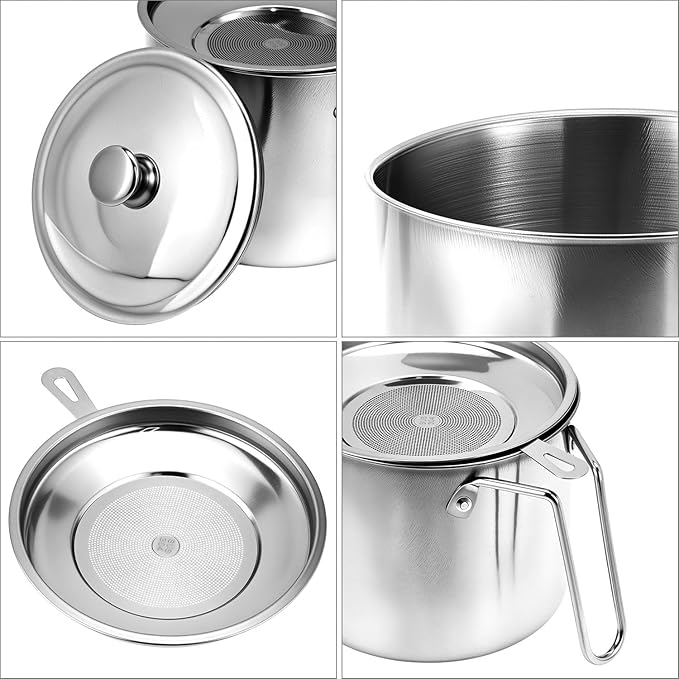 QWORK 1.8L Stainless Steel Grease Container with Fine Mesh Strainer, 61oz Bacon Oil Can for Kitchen Cooking Oil & Fat Storage, Heat Resistant 304 Stainless Steel Oil Filter Pot