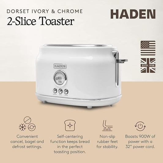 Haden Dorset 2 Slice Extra Wide Slot Toaster with Cool Touch Exterior, Removable Crumb Tray, and 6 Variable Browning Control, Ivory