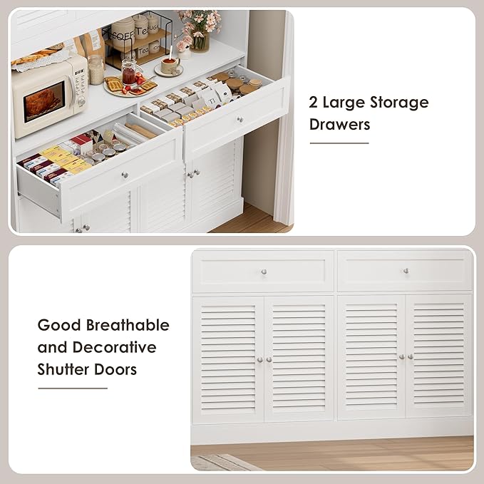 HIFIT 71" Hx55''W Large Kitchen Hutch Storage Cabinet, Farmhouse Coffee Bar Hutch with Microwave Stand, Tall Kitchen Pantry Cabinet with Louvered Doors, 2 Cable Holes, 2 Drawers, White