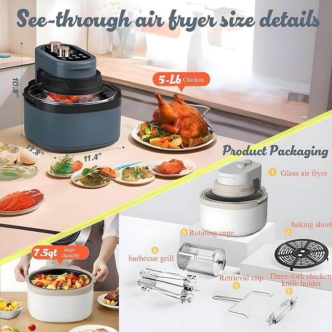 8-in-1 Air Fryer Toaster Oven Combo – 7.5QT Large Glass Air Fryer for Family, Rapid HotAir Tech, Random color