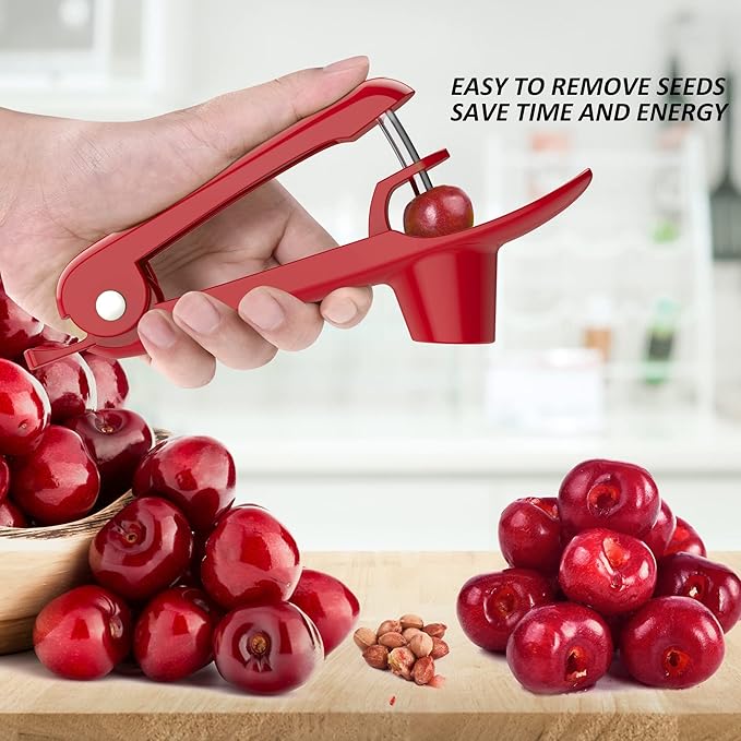 Cherry Pitter - Ordekcity Stainless Steel Cherries Corer Pitter Tool with Hand-held Push Design, Save Time & Space for Making Cherry Jam with Lock Design(Red)