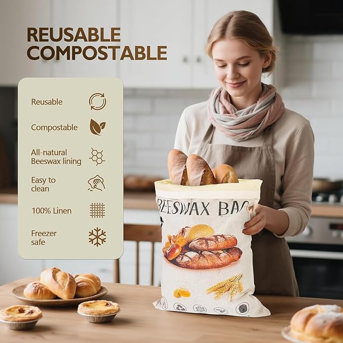 2-Pack Reusable Beeswax Bread Bags for Homemade Bread Sourdough, 2 Natural XL Beeswax 100% Linen Moisture-proof Lined Storage Bags with Buckle& 1 Bowl Covers –Easy to Clean,Keeps Bakes Fresh Longer
