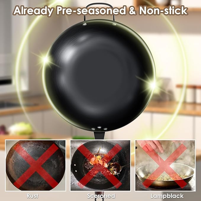 BEETLA Steel Wok Pan, 11.8-inch/12.6-inch/13.4-inch Stir Fry Pans Chinese Wok Flat bottom Iron wok for Induction, Electric, Gas, Halogen All Stoves Ideal for Stovetop Cooking (13.4-inch)