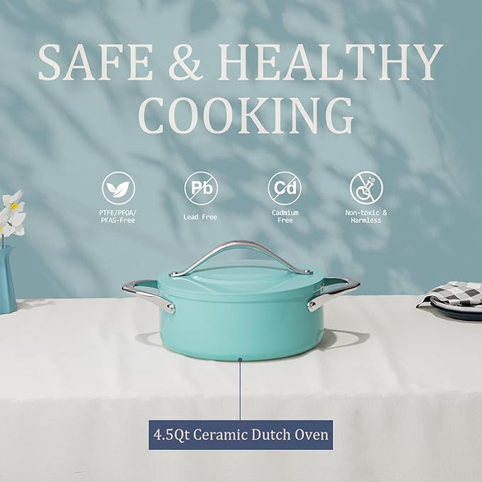 CookinCraze Stock Pot 4.5qt Dutch Oven with Lid (9.5"x 4") Nonstick Ceramic Coated Non-Toxic PFAS-Free Even Heat Distribution for Braising, Baking Bread & Soups, Compatible for All Cooktops(Induction/Gas/Electric) Oven Safe to 500°F (Caribbean Blue)