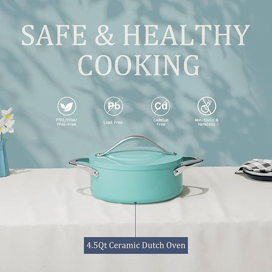 CookinCraze Stock Pot 4.5qt Dutch Oven with Lid (9.5"x 4") Nonstick Ceramic Coated Non-Toxic PFAS-Free Even Heat Distribution for Braising, Baking Bread & Soups, Compatible for All Cooktops(Induction/Gas/Electric) Oven Safe to 500°F (Caribbean Blue)