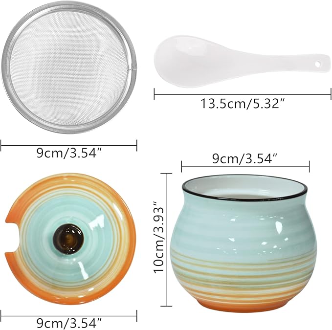 Koythin Ceramic Bacon Grease Container with Strainer, 23 oz Suitable for Storing Frying Oil and Cooking Grease (Cyan and Orange)
