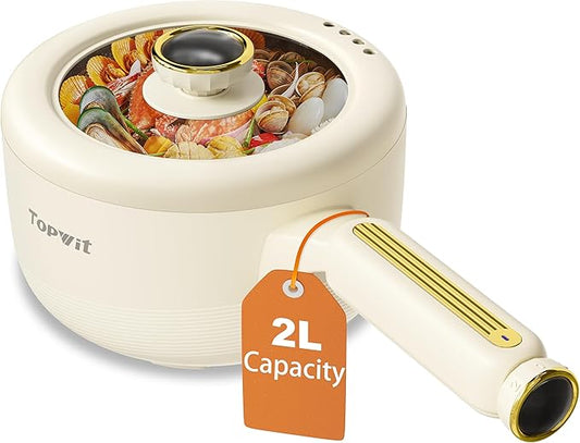 TOPWIT Hot Pot Electric, 2L Multifunctional Electric Pot, Non-Stick Sauté Pan, Portable Cooker for Steak, Egg, Fried Rice, Ramen, Soup with Dual Power Control (Silicone Spatula Included), Beige