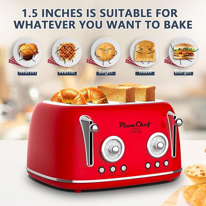 4 Slice Retro Style Toaster, Dual Control Toaster, 6 Browning Settings, Bagel/Defrost Functions, Removable Crumb Tray, Stainless Steel Housing 1650W, Red