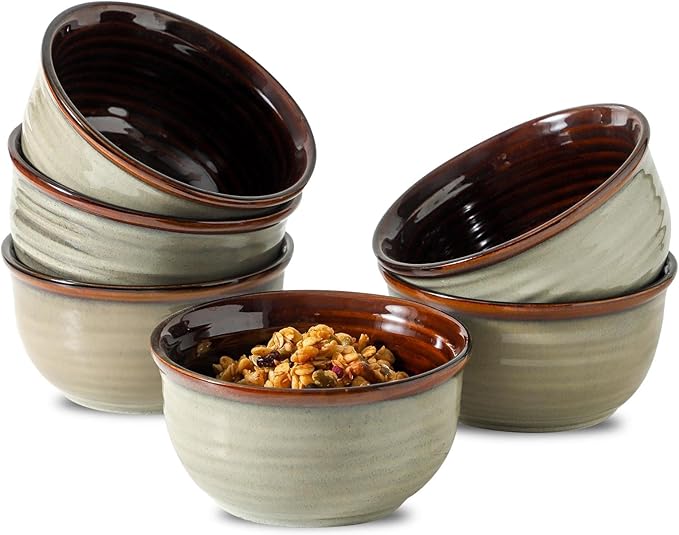 MEKY 20OZ Cereal Bowls Set of 6, Ceramic Soup Bowls for Kitchen, Serving Bowls for Oatmeal Ice Cream Pasta Rice Salads Desserts, Modern Durable Reusable Bowls for Daily Meals & Everyday Use, Brown