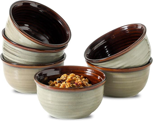 MEKY 20OZ Cereal Bowls Set of 6, Ceramic Soup Bowls for Kitchen, Serving Bowls for Oatmeal Ice Cream Pasta Rice Salads Desserts, Modern Durable Reusable Bowls for Daily Meals & Everyday Use, Brown