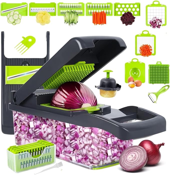 Vegetable Chopper,16-in-1 Multifunctional use for - Onion Chopper, Mandoline Slicer, Veggie Cutter with 8 Blades,Food Slicer, Dicer,Vegetable Cutter & Draining Basket Grater With Container