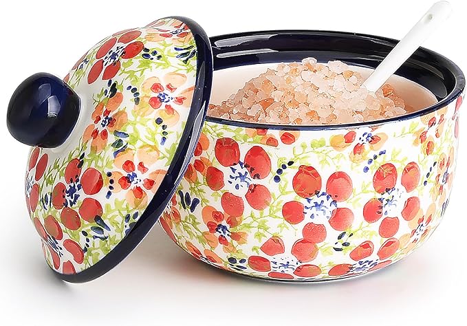 silesia Handmade Sugar Bowl with Lid and Spoon, 10 Ounce Ceramic Hand-Painted Sugar Jar for Kitchen in Gift Box, Kitchen Decor, Oven, Dishwasher & Microwave Safe, Jungle Floral