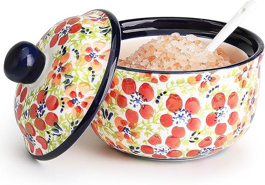 silesia Handmade Sugar Bowl with Lid and Spoon, 10 Ounce Ceramic Hand-Painted Sugar Jar for Kitchen in Gift Box, Kitchen Decor, Oven, Dishwasher & Microwave Safe, Jungle Floral