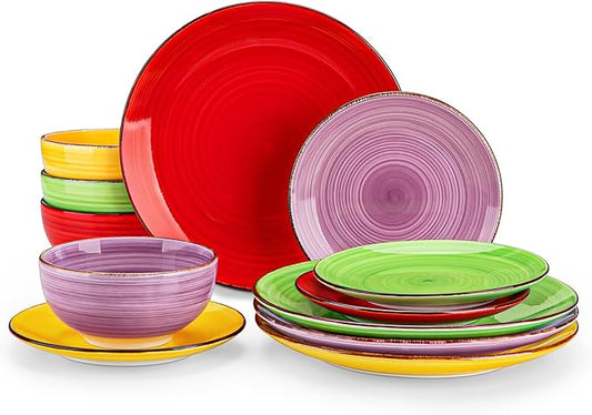 vancasso Bonita Dinnerware Set Muticolor Stoneware 12 Pieces Service for 4, Handpainted Spirals Pattern Stoneware Plates and Bowls Set