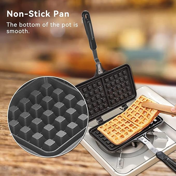 Agatige Stovetop Waffle Maker, Portable Aluminum Dual Head Nonstick Cast Iron Belgian Waffle Maker for Panini Sandwich Toaster Breakfast Snacks Cooking Baking Tool, 13.19x8.46in