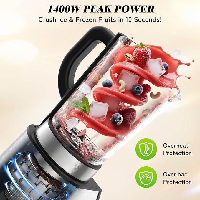 HoninJoy Blenders for Kitchen, Countertop Smoothie Blender with 51oz Glass Pitcher, Grinder & To-Go Cup Combo, 10 Speeds Digital Touchscreen Blender for Smoothies, Shake, Crush Ice, Dishwasher Safe