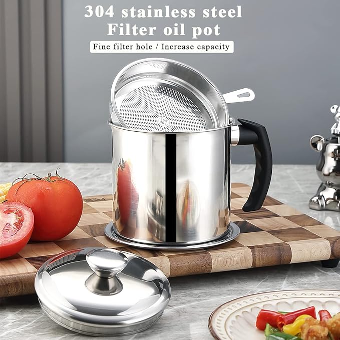 Berglander Bacon Grease Container With Strainer 47oz/1.4L, Stainless Steel Oil Storage Container with Fine Mesh Strainer Dust-proof for Storing Frying Oil and Cooking Fat, Cooker Accessories