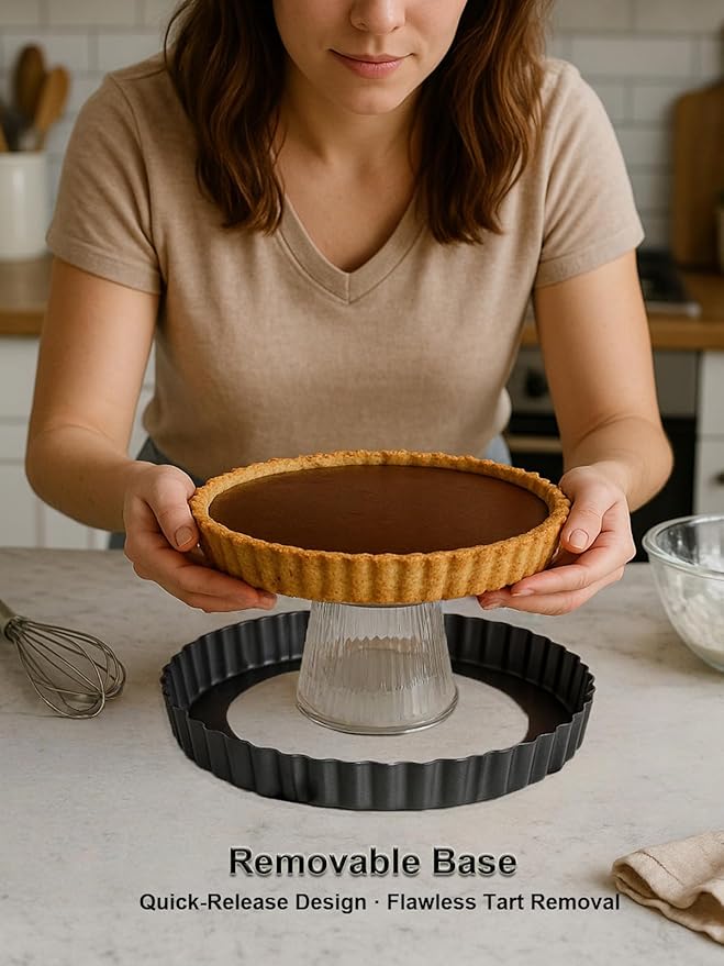 Yamteck 11 Inch Quiche Pans with Pie Cake Server. Removable Bottom, Non-Stick Coating, Rugged Carbon Steel for Tart Quiche Pie Baking. Gift for Women Wife Christmas Thanksgiving Party Festival Family