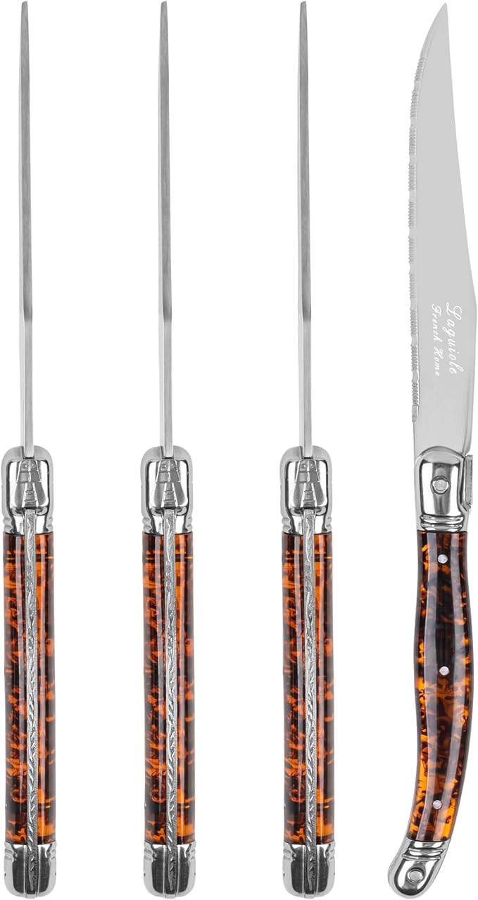French Home Laguiole Connoisseur 4-Piece Steak Knife Set –Stainless Steel with Tortoise Shell Handles, Etched Detailing & Napoleon Bee Emblem – Serrated Knives for Smooth Cutting (9.25")
