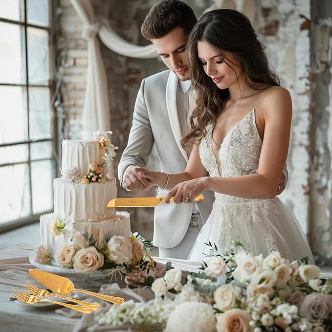 VARLKA Wedding Cake Knife and Server Set, Bride and Groom Champagne Glasses and Gold Cake Cutting Set for Wedding, Cake Cutter and Champagne Flutes Glass for Mr and Mrs Gifts for Coples (Gold)