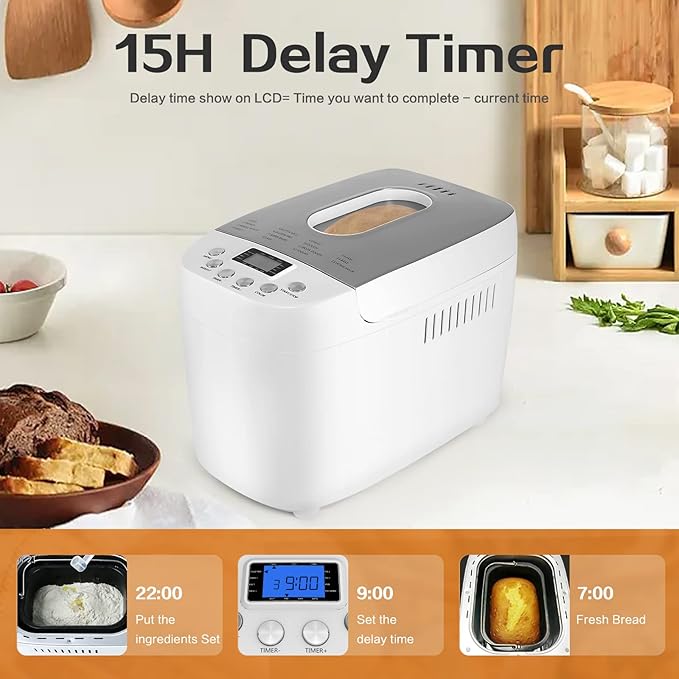Davivy 3.3LB Bread Maker – 15-in-1 Automatic Bread Machine with Silicone Baking Gloves, Dual Kneading Paddles, Nonstick Pan, 15-Hour Delay Timer, 3 Loaf Sizes & 3 Crust, Nut Add-In Reminder