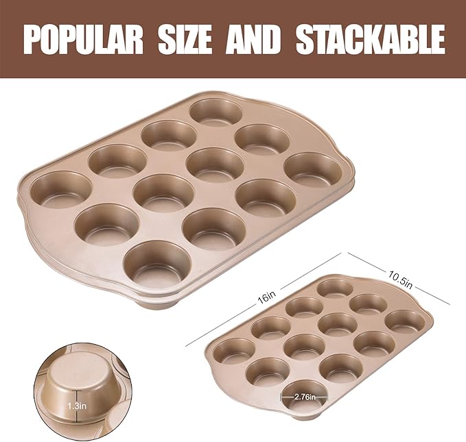 JOHO BAKING 2 Pack Nonstick Muffin Pan Set, 12-Cup Heavy Duty Cupcake Baking Pan with Handles - PFOA-Free Muffin Tin, Rust Proof & Warp Resistant, Oven Safe 430°F (Gold)