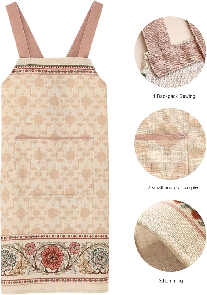 patdrea Blue Floral Linen Apron with Pocket,French Kitchen Garden Chef BBQ Aprons for Women and Men,Crisscross Back Straps