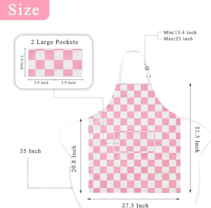 2 Pack Checkered Kitchen Apron, Pink Checkerboard Aprons for Women with Pockets Cute Aesthetic Trendy, Chef Apron for Men, Waterproof Aprons for Cooking