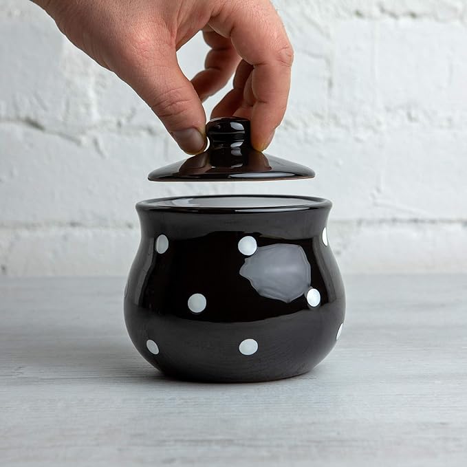 City to Cottage Ceramic Sugar Bowl with Lid, 10oz Sugar Contanier for Coffee Bar, Sugar Dispenser Bowl, Salt - Condiment Pot for Kitchen Counter, Handcrafted Black and White Polka Dot Sugar Jar