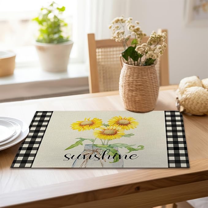 Buffalo Plaid Sunshine Sunflower Placemats, Resistant Place Mats Kitchen Decor Dining Decoration for Party, Sunflower Kitchen Decor Placemats Set of 4-03