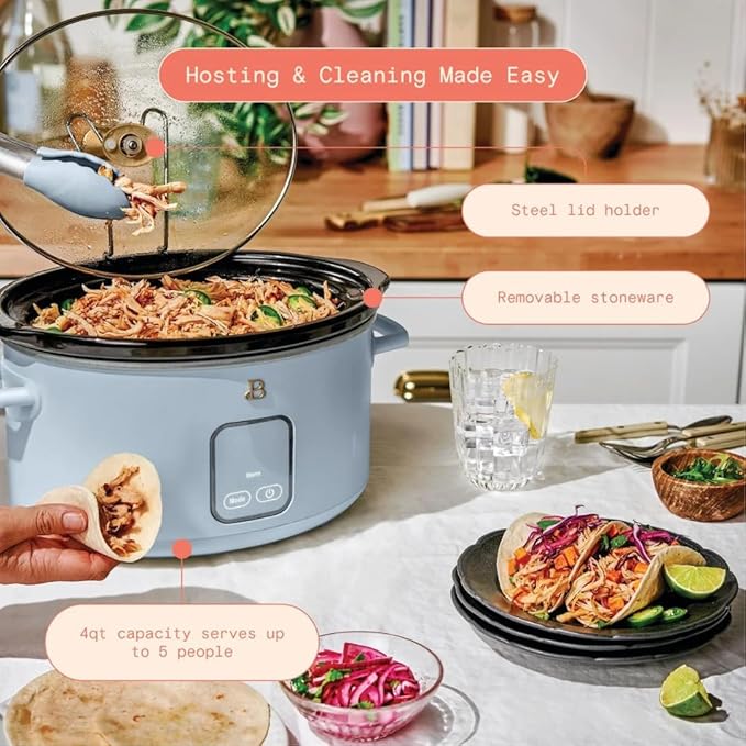 Beautiful 4-Quart Slow Cooker with Touch-Activated Display, Programmable Digital Controls, Removable Non-Stick Pot, Keep Warm Function, by Drew Barrymore (Cornflower Blue)