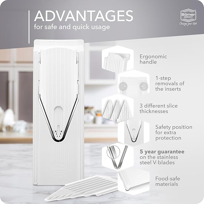 Börner Mandoline Slicer V3 (Basic Set) • V-Slicer for Vegetables & Fruits • Adjustable Kitchen Slicer • 3 Thickness Settings • With Rubber Feet & Stainless Steel V-Blade • Color: White
