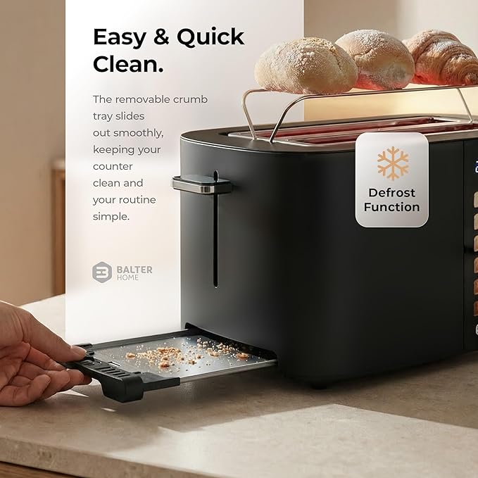 Balter Toaster 4 Slice Wide Slot, Bagel Function, Long Slot, Stainless Steel, Touch Screen, Built-in Rack, Extra-Wide 1.5" Slots for Thick Breads & Bagel, Timer, BPA-Free, Removable Tray, Black
