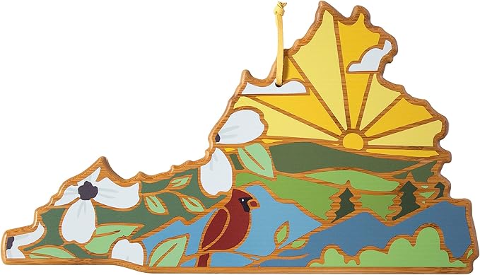 Totally Bamboo Virginia State Shaped Cutting Board and Charcuterie Serving Platter with Artwork by Summer Stokes, Includes Hang Tie for Wall Display