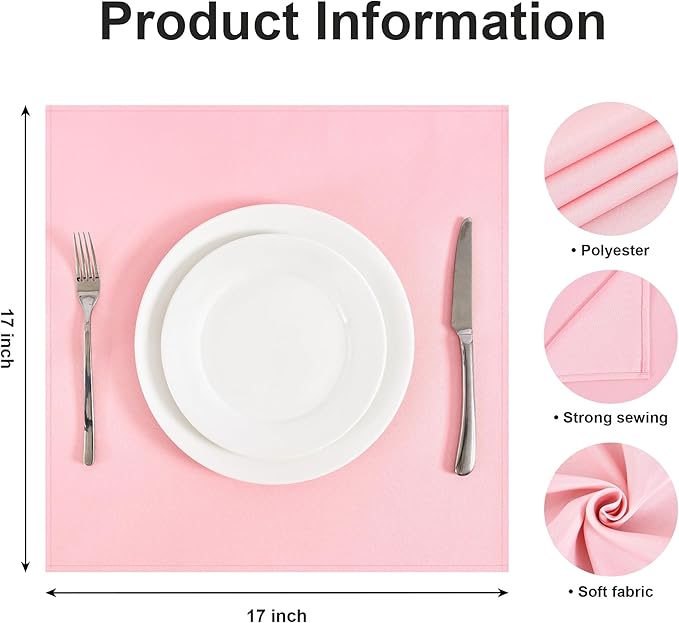 Wolkemer Set of 4 Pink Cloth Napkins 17 x 17 Inches Solid Washable Polyester Dinner Napkins with Hemmed Edges for Dinners Parties Weddings Banquets Events Table Decoration