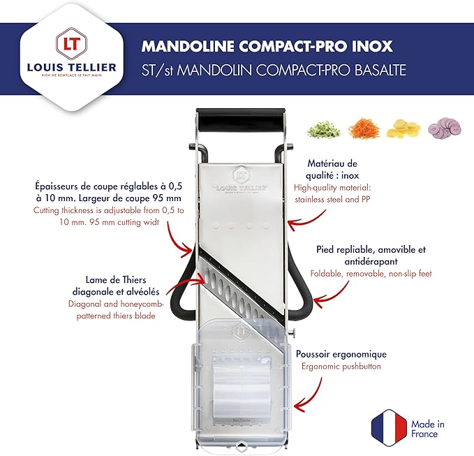 LOUIS TELLIER - Professional Mandoline Slicer - Stainless Steel - with Pusher and Ergonomic Stand - Compact-PRO - Includes 2 Julienne Blades (0.16 in & 0.4 in)