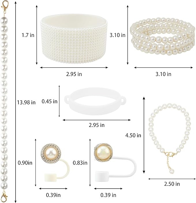 Cup Accessories for Stanley 30/40oz Tumbler containing Pearl Straw Cover Topper, Silicone Cup Boot, Water Bottle Handle Strap& Pearl Bracelets Charms(White Pearls)