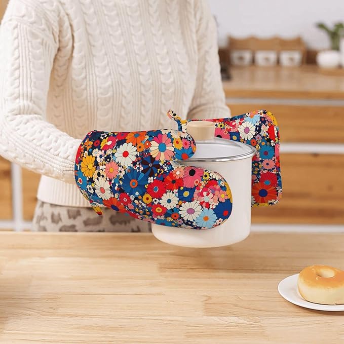 Oven Mitts and Pot Holders Japanese Art Colorful Flower Silicone Kitchen Accessories Set of 4 Heat Resistant Long Gloves Potholder Non-Slip Grip for Chef Cooking Baking Grilling BBQ