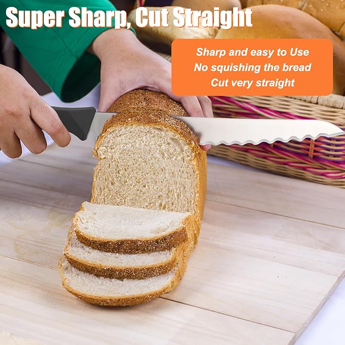 KUNIFU Bread Knife 9 Inch, Serrated Bread Slicing Knife with 5 Serration Types, Ultra Sharp High-Carbon Stainless Steel, Full Tang, Ergonomic Non-Slip Handle for Bread, Bagels, Cakes & Pastries