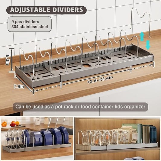 2 Pack Expandable Food Storage Container Lid Organizers, 22" Pots and Pans Organizer Under Cabinet with 9 Adjustable Dividers Pot and Pan Lid Holders Rack Inside Cabinet(Gray)