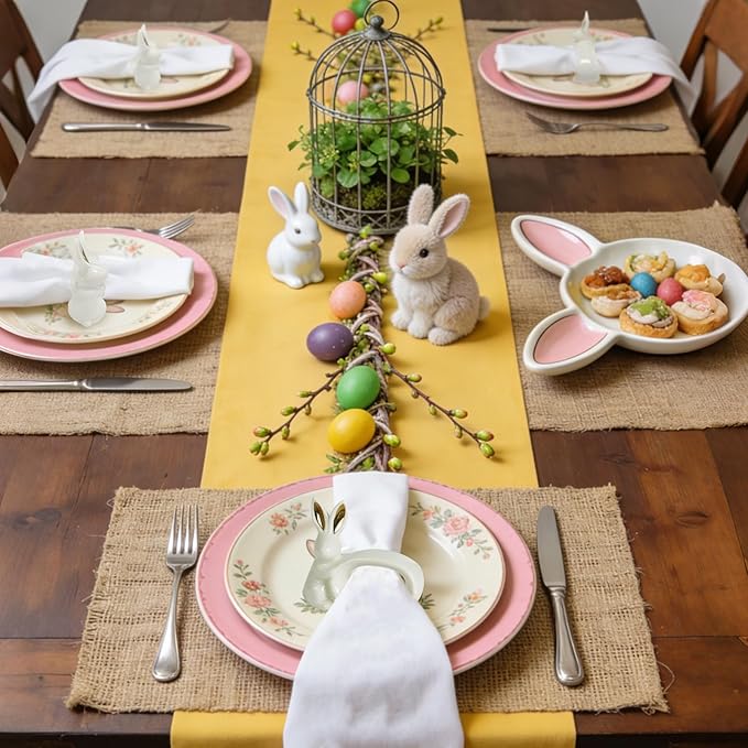 Ceramic Bunny Napkin Rings Set of 6, White Easter Rabbit Napkin Holder Ring with Gold Ear for Easter Day, Spring, Wedding, Party, Family Gathering, Dinner Table Decoration