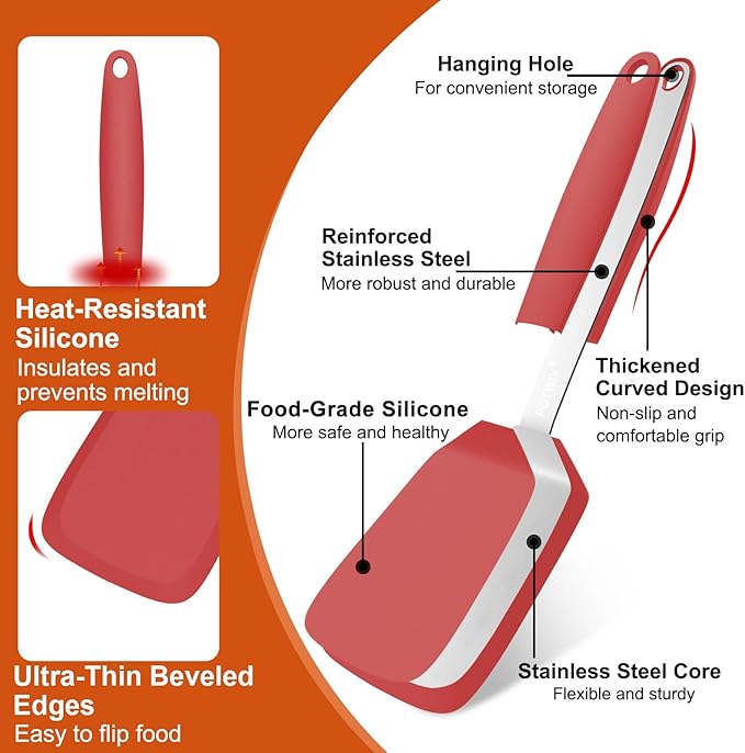 Silicone Spatula, 13 x 3.2 In, 600°F Heat Resistant Kitchen Spatula, BPA Free, Flexible Turner For Non Stick Frying Pan, Cooking, Flipping Egg and Pancake, Dishwasher Safe (Red)