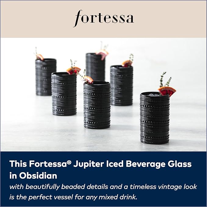 Fortessa Jupiter Beaded Hobnail Glass, 13 Ounce Iced Beverage (Set of 6), Obsidian Black