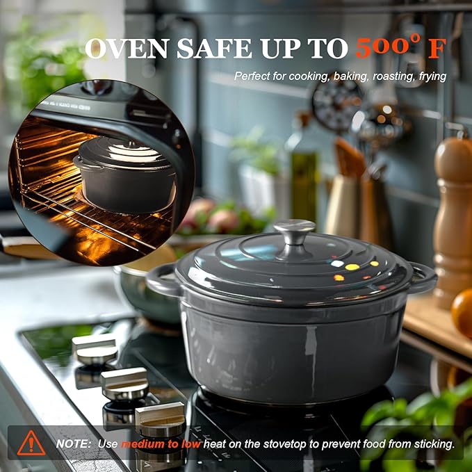 Overmont Enameled Cast Iron Dutch Oven - 7QT Pot with Lid Cookbook & Cotton Potholders - Heavy-Duty Cookware for Braising, Stews, Roasting, Bread Baking grey